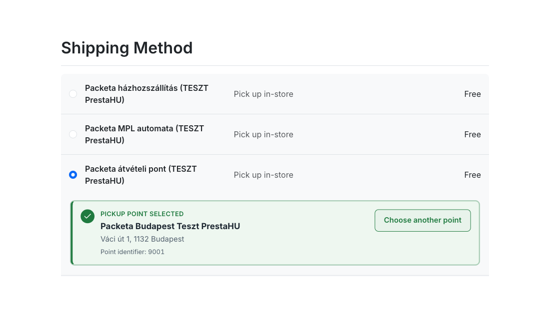 The shipping step of the checkout: Packeta home delivery, locker and pickup point, below them the address of the selected pickup point and the Choose another point button