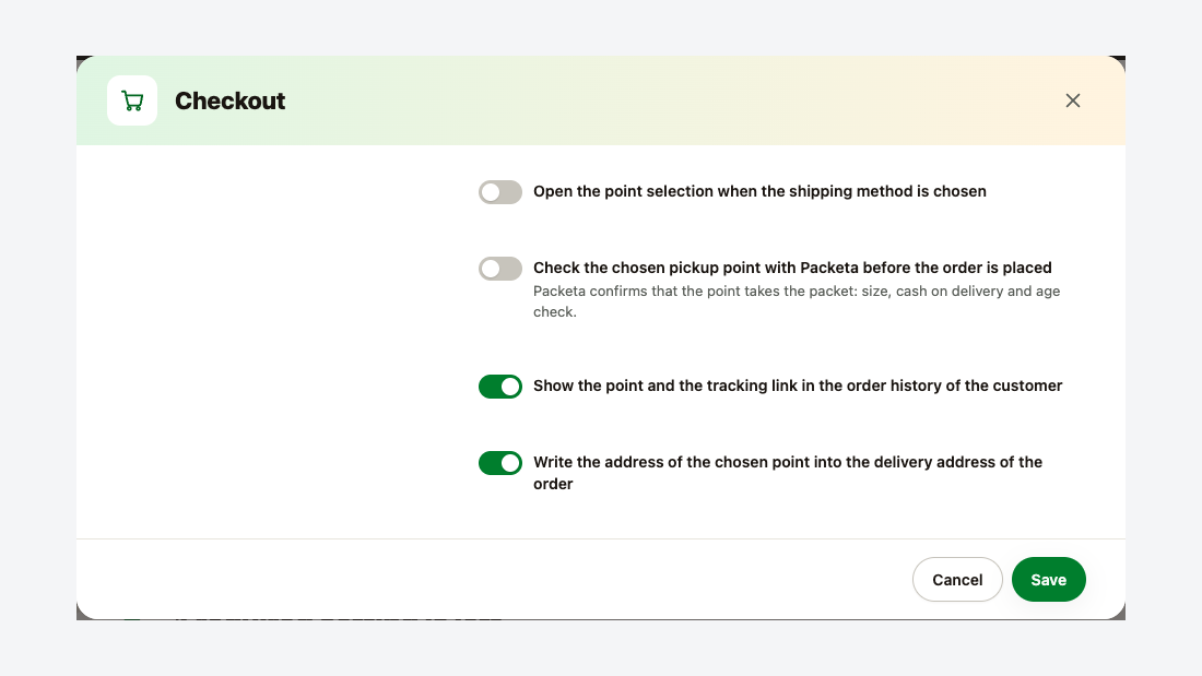 Checkout dialog: opening the point selection, checking the point before the order is placed, point and tracking link in the order history