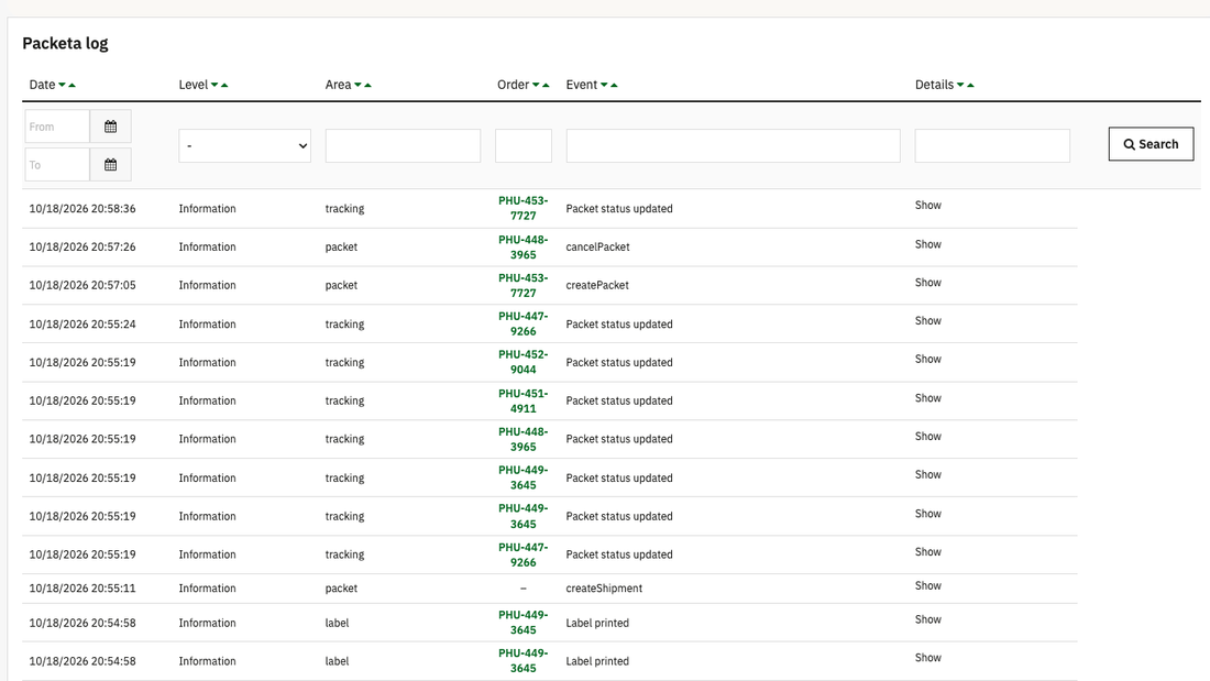 Packeta log: date, area, order and event for every Packeta request