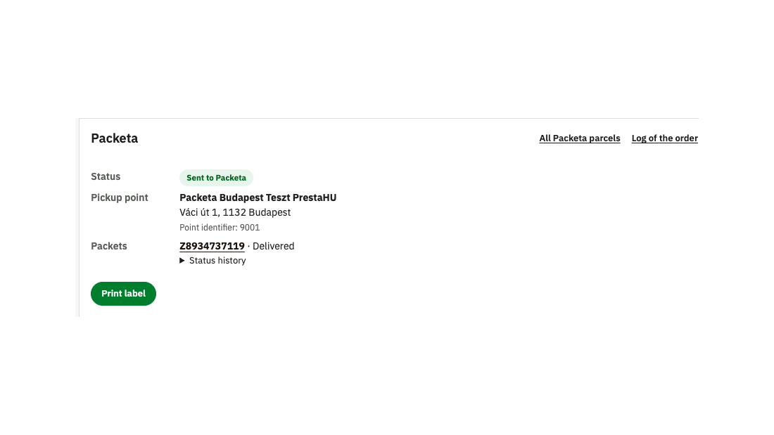 The Packeta panel of the order: status, chosen pickup point, packet number and Print label button