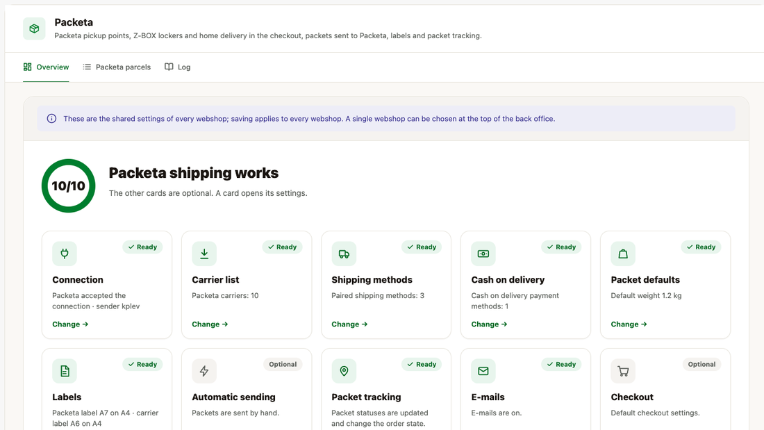 The Overview screen of the module: 10/10 settings done, ten settings cards and the packets sent today, waiting to be sent and on the way