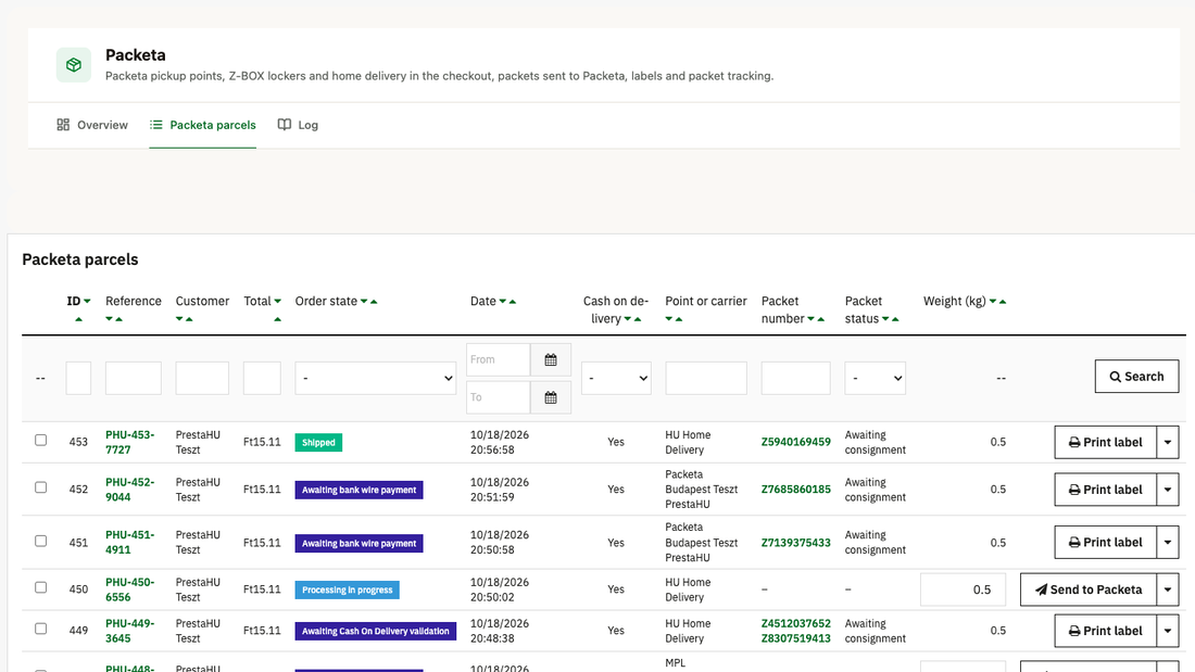 Packeta parcels list: orders with customer, point, packet number, packet status, weight and a Print label button