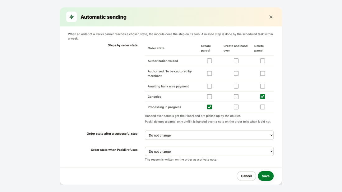 Automatic sending window: per order state create parcel, create and hand over, or delete parcel