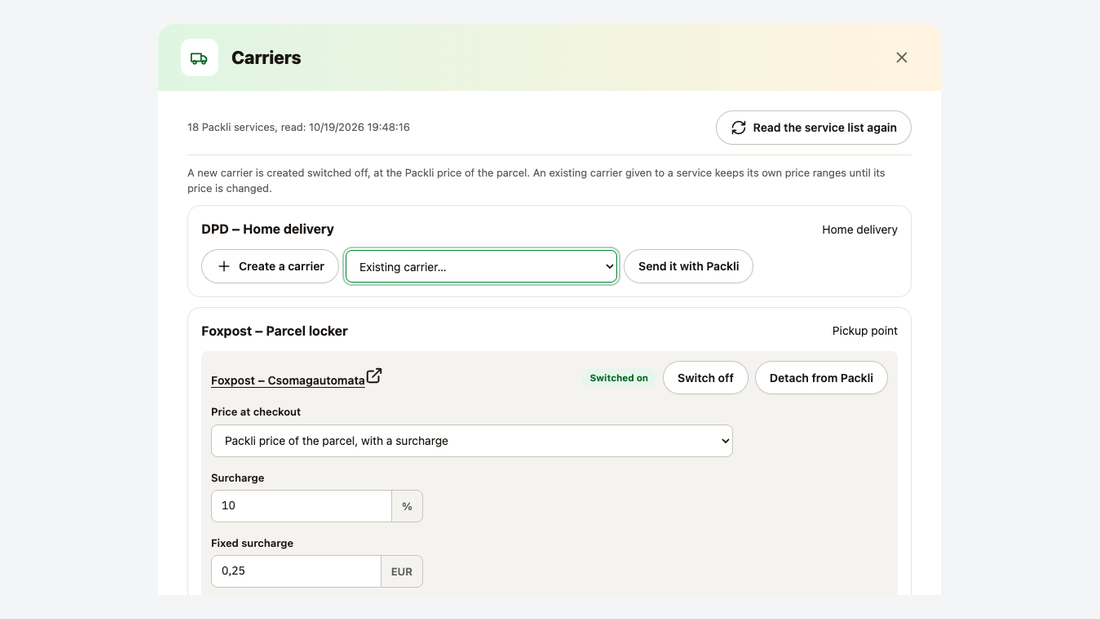 Carriers window: Packli services with their carriers, the checkout price with a surcharge, and the Create a carrier button