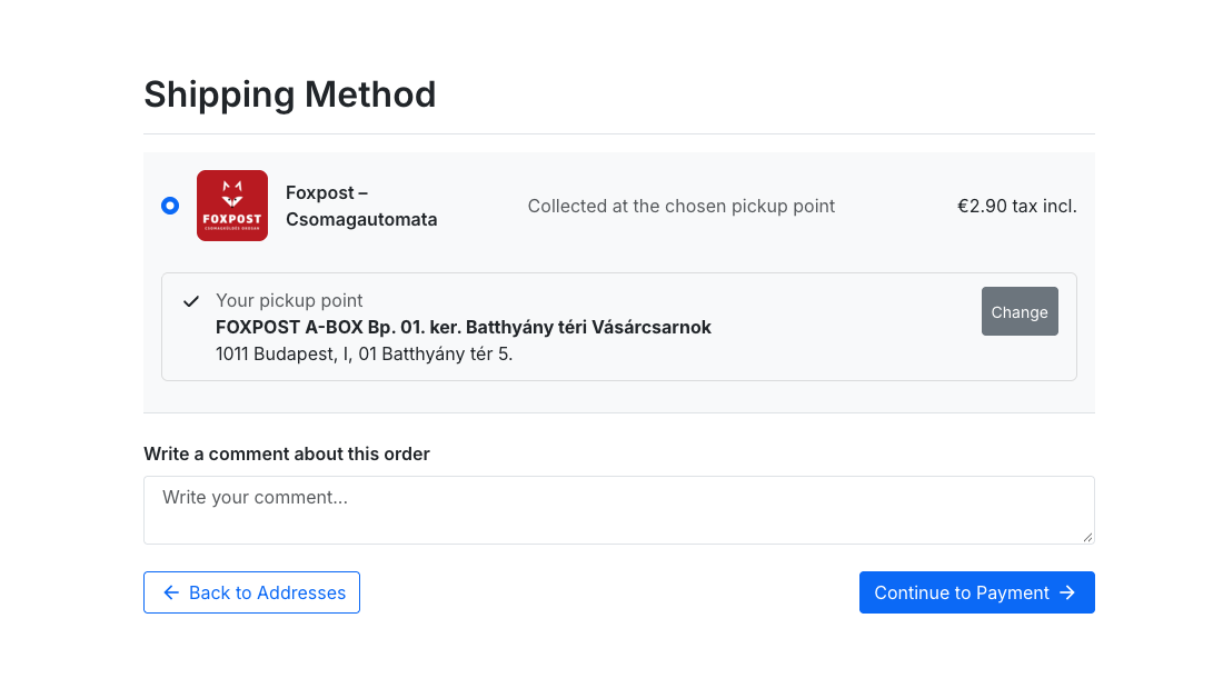 The shipping step of the checkout: Foxpost parcel locker with the Packli price, below it the address of the chosen locker and the Change button