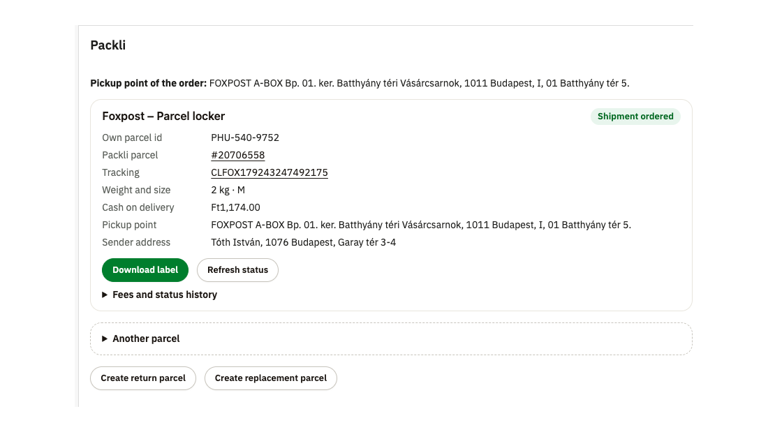 The Packli box of an order: service, tracking number, weight, cash on delivery and pickup point of the parcel, the Download label button, return and replacement parcels