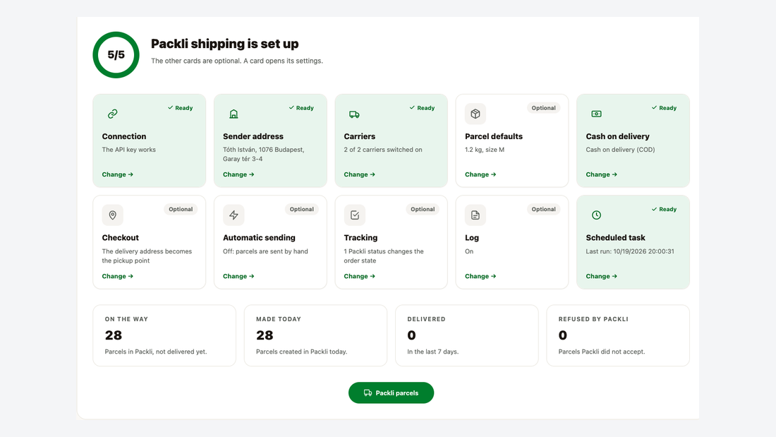 The Overview screen of the module: the setup steps, cards from the connection to the scheduled task, and the number of parcels on the way, made today, delivered and refused