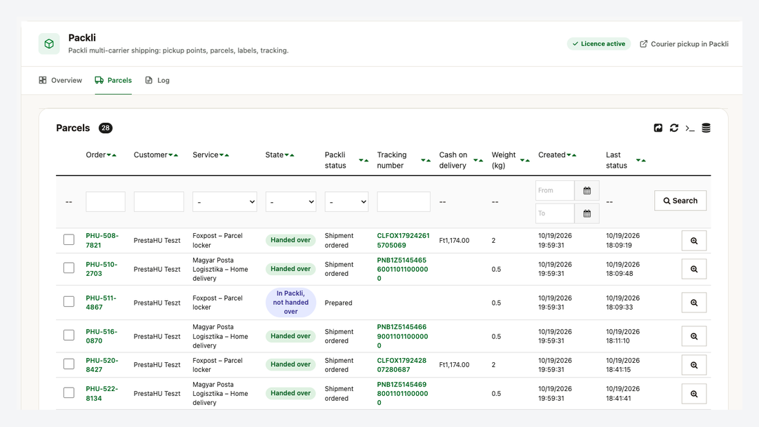 Parcels list: order, customer, service, state, Packli status, tracking number, cash on delivery and weight, with filters and bulk actions