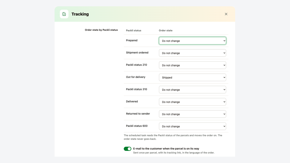 Tracking window: an order state for every Packli status, and an e-mail to the customer when the parcel is on its way