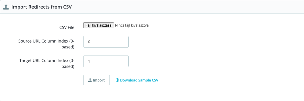 CSV import form with the source and target column index