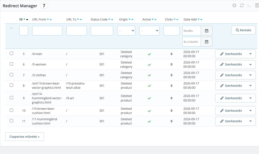 Redirect list with the origin column: deleted product, deleted category, manual rule