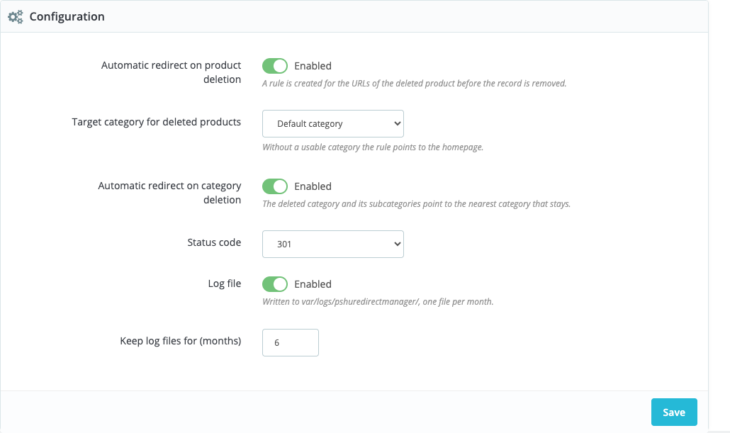 Settings: automatic redirect on product and category deletion, target category and status code