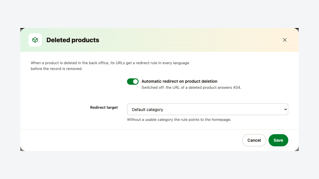 Produits supprimés : redirection automatique et choix de la catégorie cible
