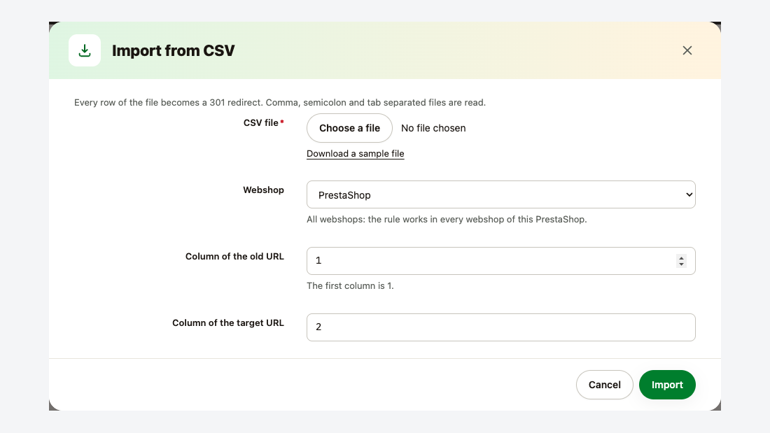 Import CSV : fichier, colonne de l’ancienne URL et de l’URL cible