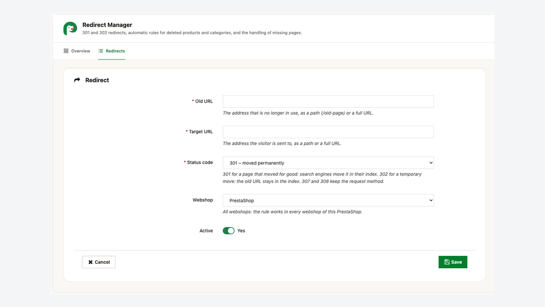 Modification d’une redirection : ancienne URL, URL cible, code de statut, boutique