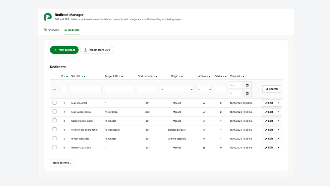 Liste des redirections : ancienne URL et URL cible, code de statut, origine, visites