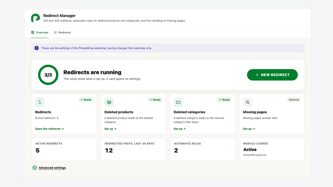 Aperçu : état de la configuration, cartes et compteurs des redirections actives et des visites des 30 derniers jours