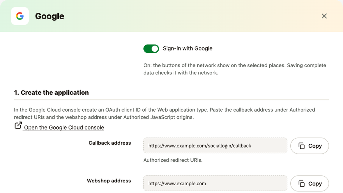 La finestra delle impostazioni Google: interruttore, guida passo passo e indirizzi da copiare