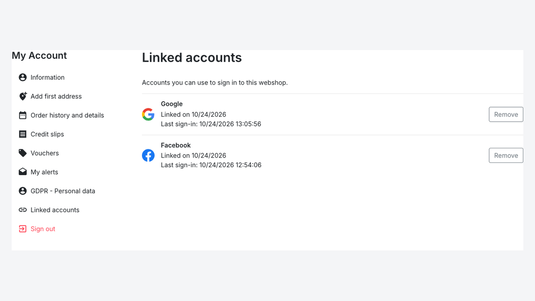 La pagina Account collegati nell’account cliente, con i collegamenti Google e Facebook