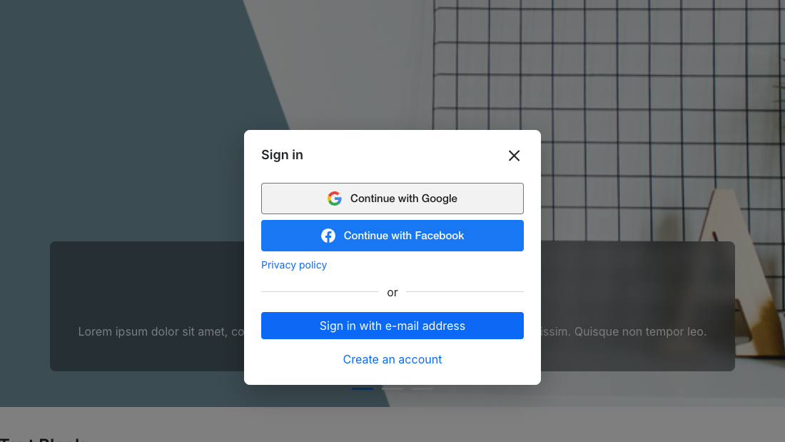 Il link Accedi dell’intestazione apre una finestra con i pulsanti Google e Facebook