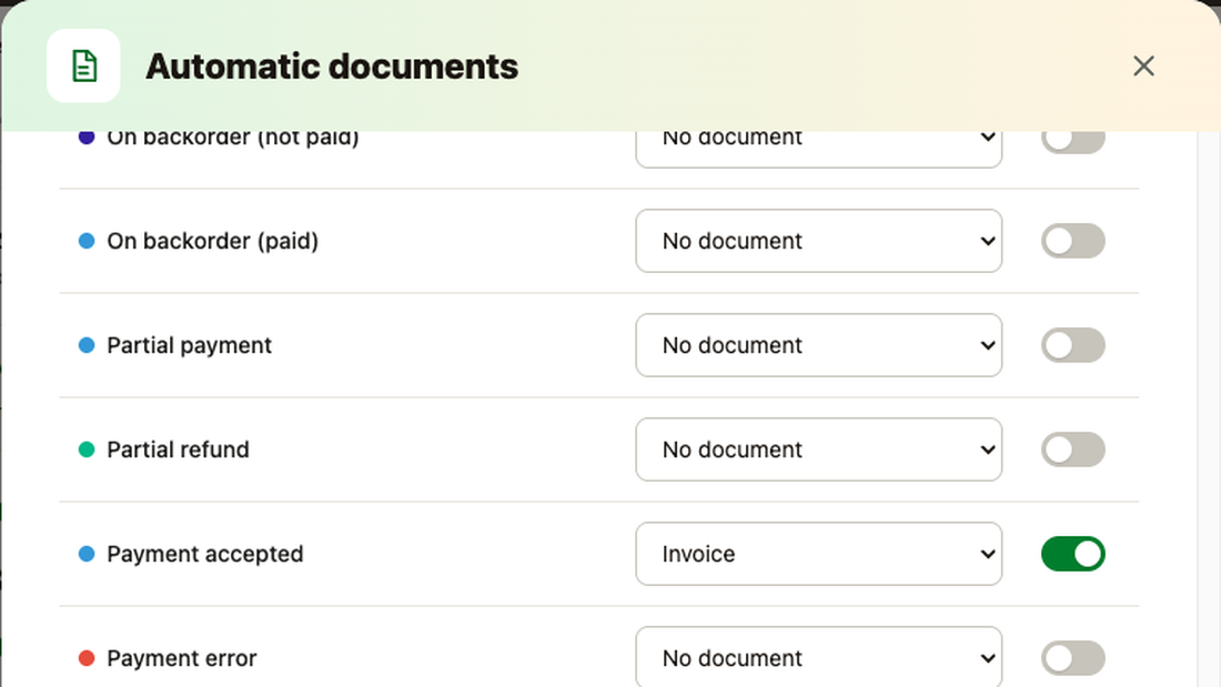 Automatic documents: the document issued and the paid flag for each order state