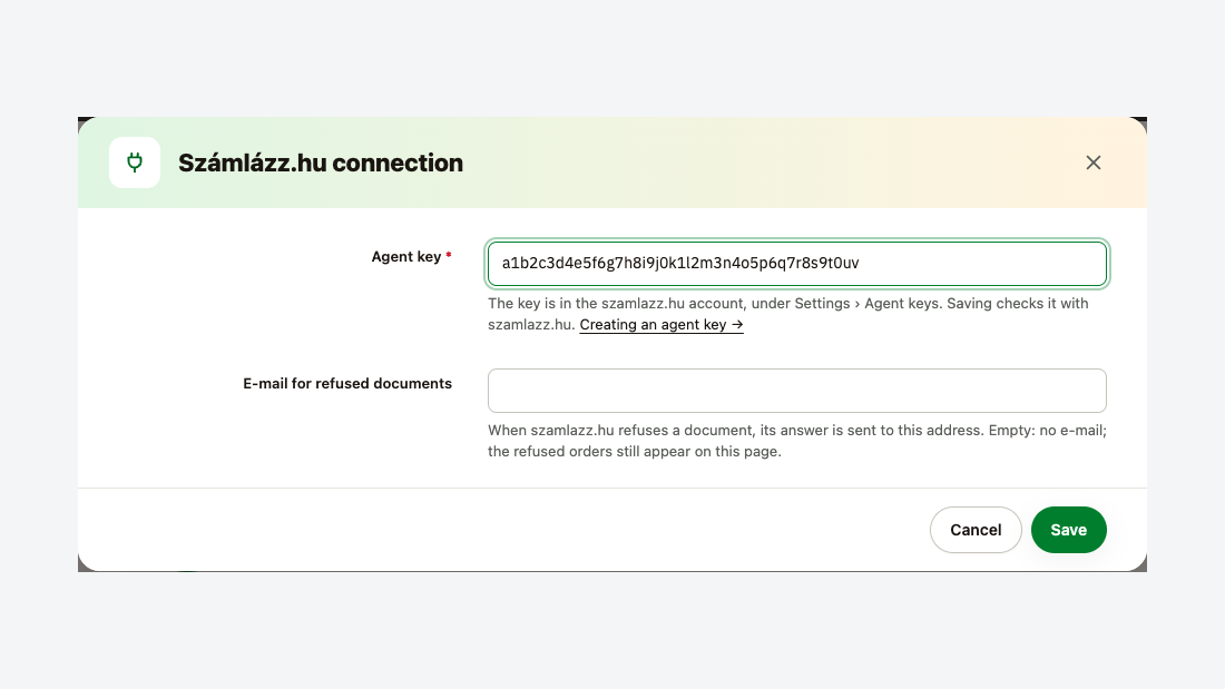 The Számlázz.hu connection window with the agent key