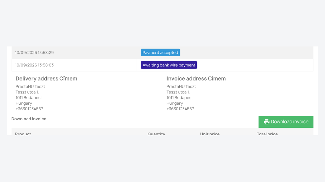 Invoice download in the customer's order details