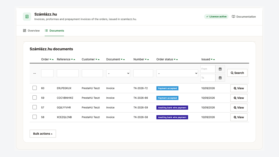 The Documents screen with the issued invoices, filters and bulk actions