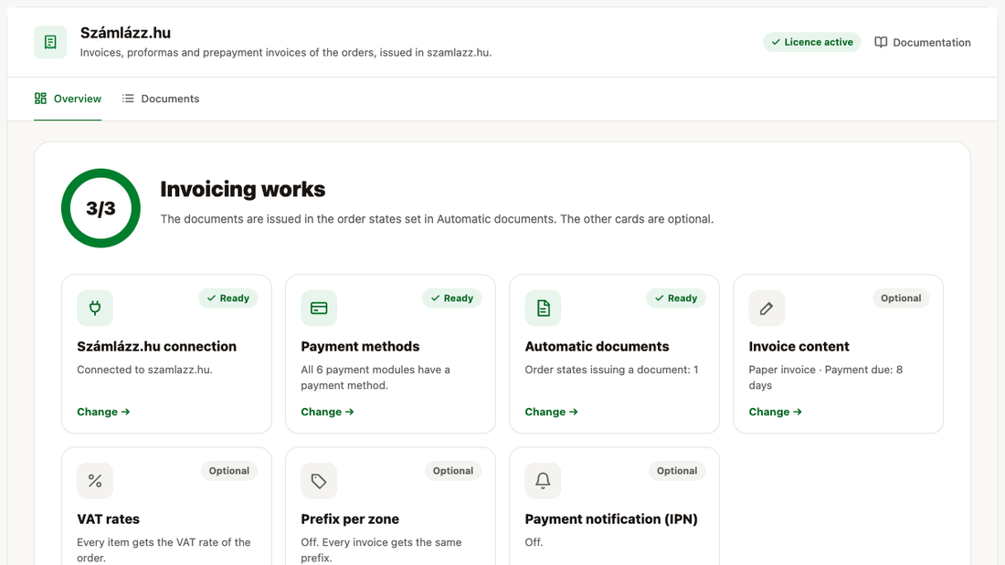 The Overview screen of the Számlázz.hu module: the state of the three required settings and the optional cards