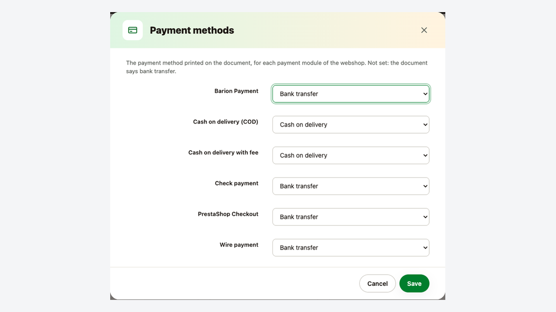 Payment methods: the payment method printed on the document for each payment module of the webshop