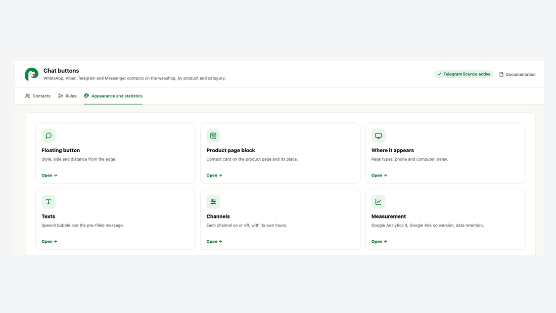 The Appearance screen: floating button, product page block, where it appears, texts, channels and measurement