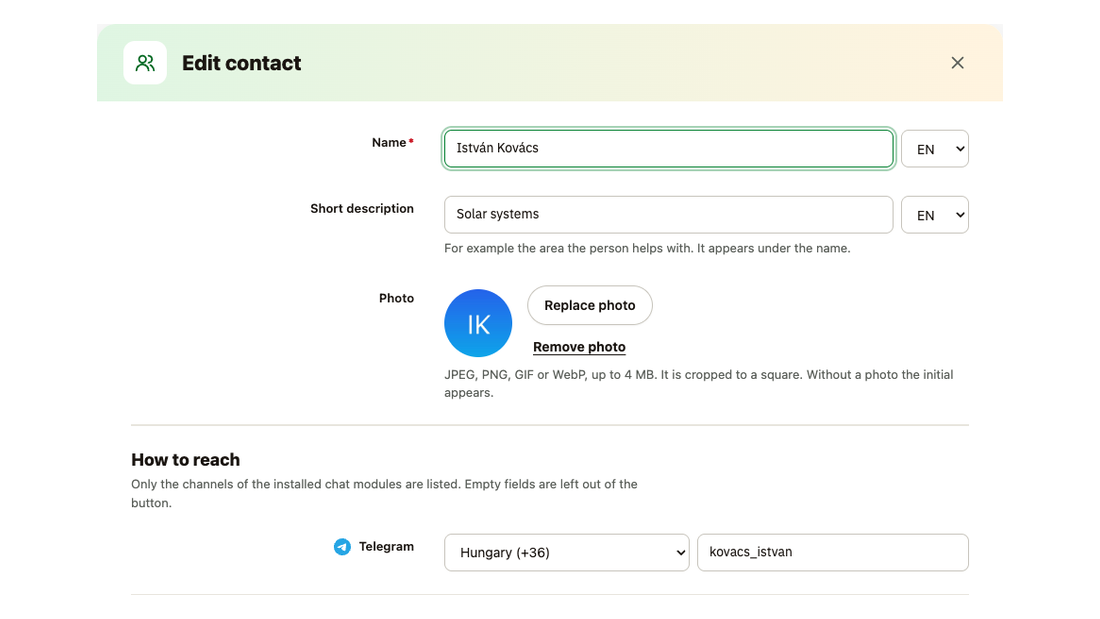 The contact dialog: name and short description per language, photo and Telegram contact: username or phone number