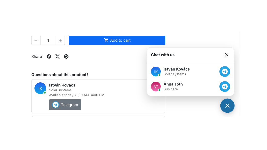 Product page with the open chat panel and the contact card showing today's hours