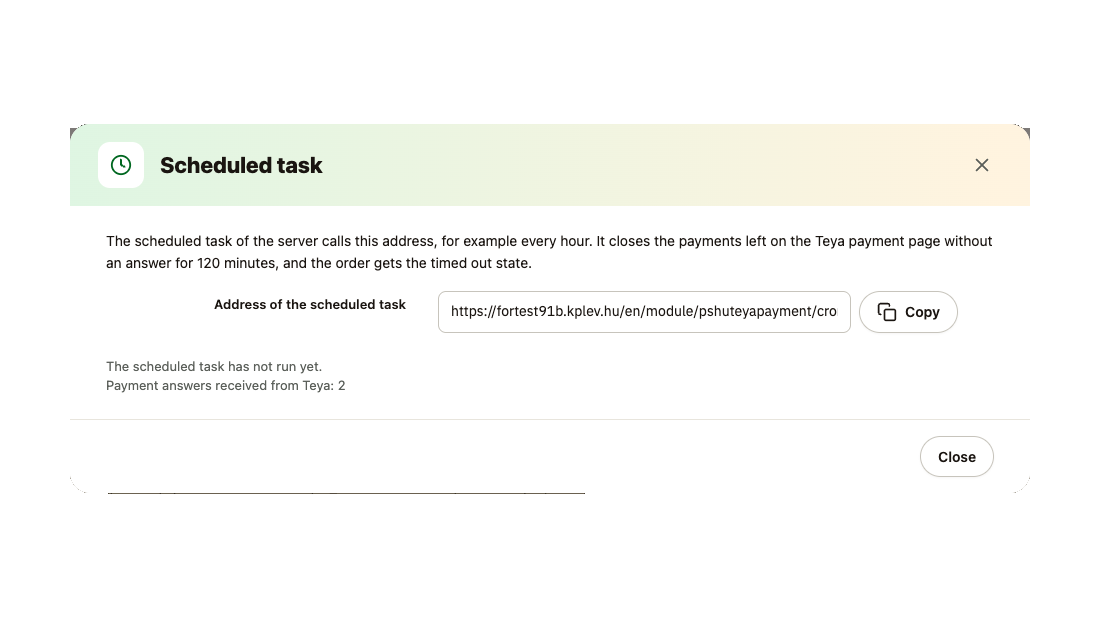 Scheduled task dialog: the task address with a copy button, the last run and the number of answers received from Teya