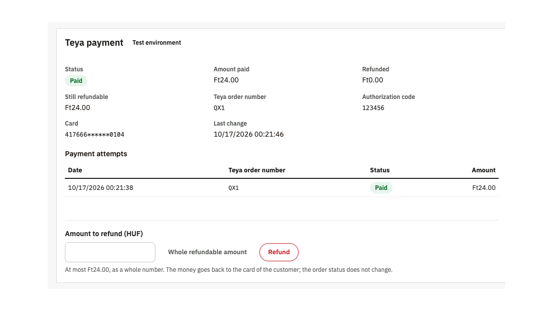 Teya payment panel on the order page: status, amount paid, payment attempts and refund