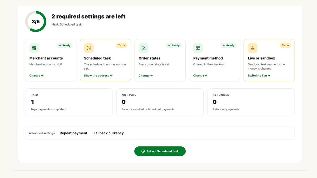 Overview of the Teya module: progress, the status cards of the settings and the payment counts