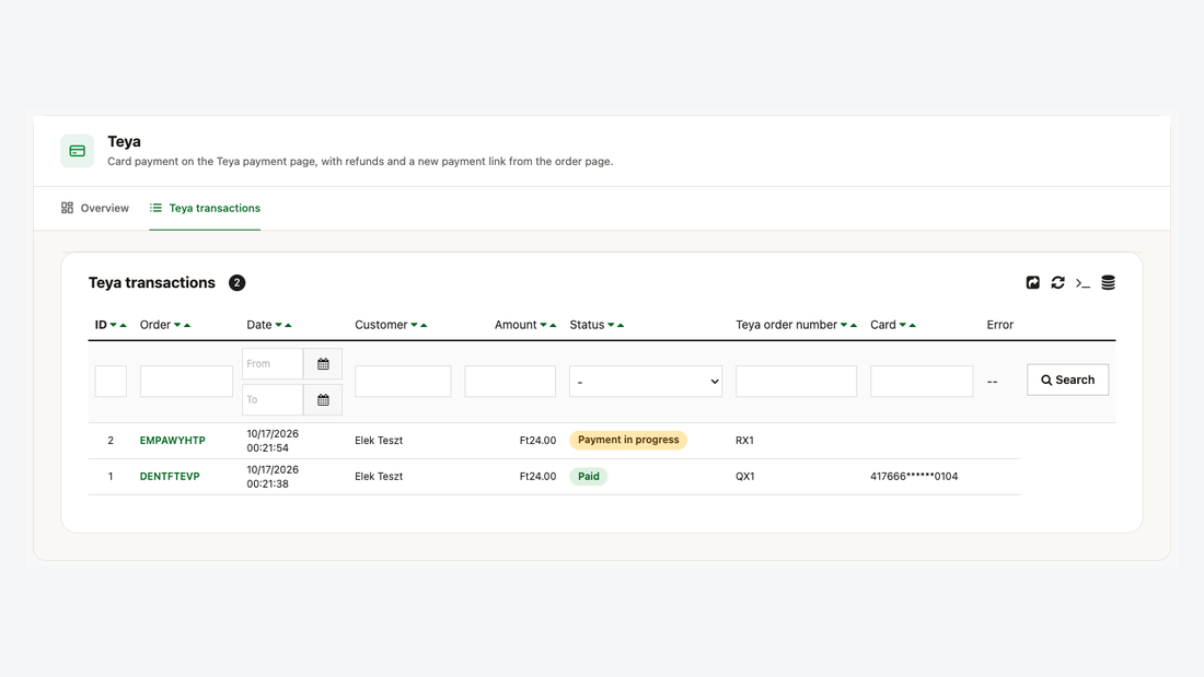 Teya transactions list: order, date, customer, amount, status, Teya order number and card