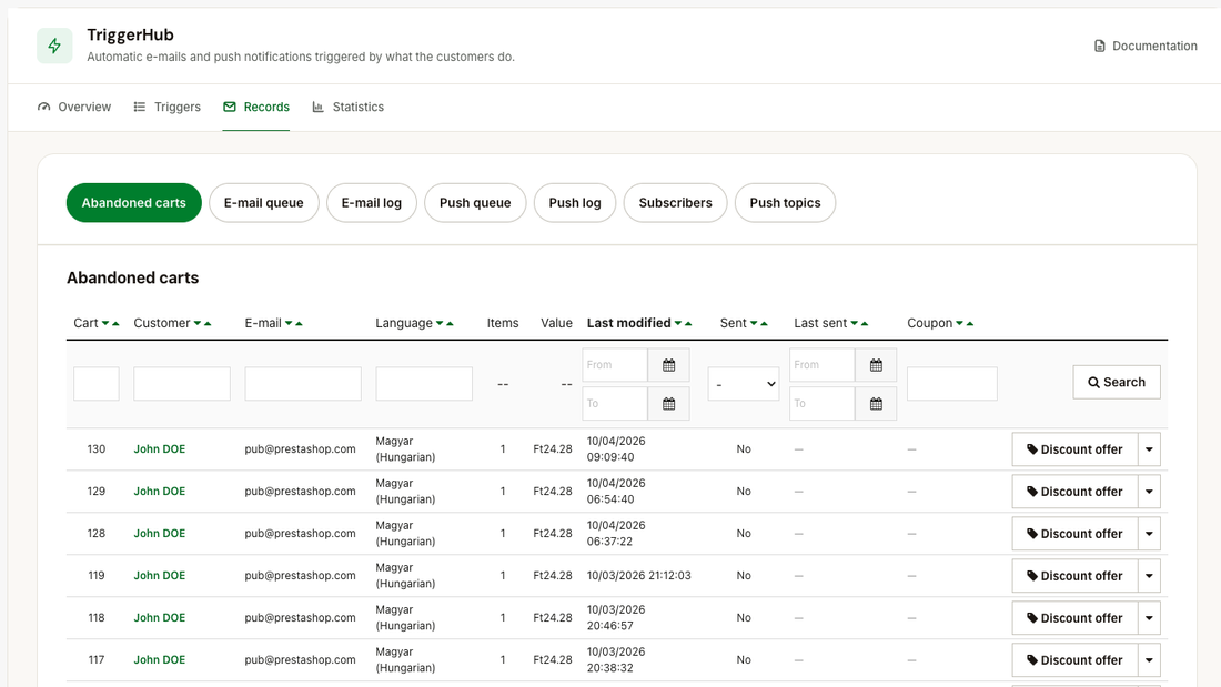 The abandoned cart list with customer, value and the number of emails sent