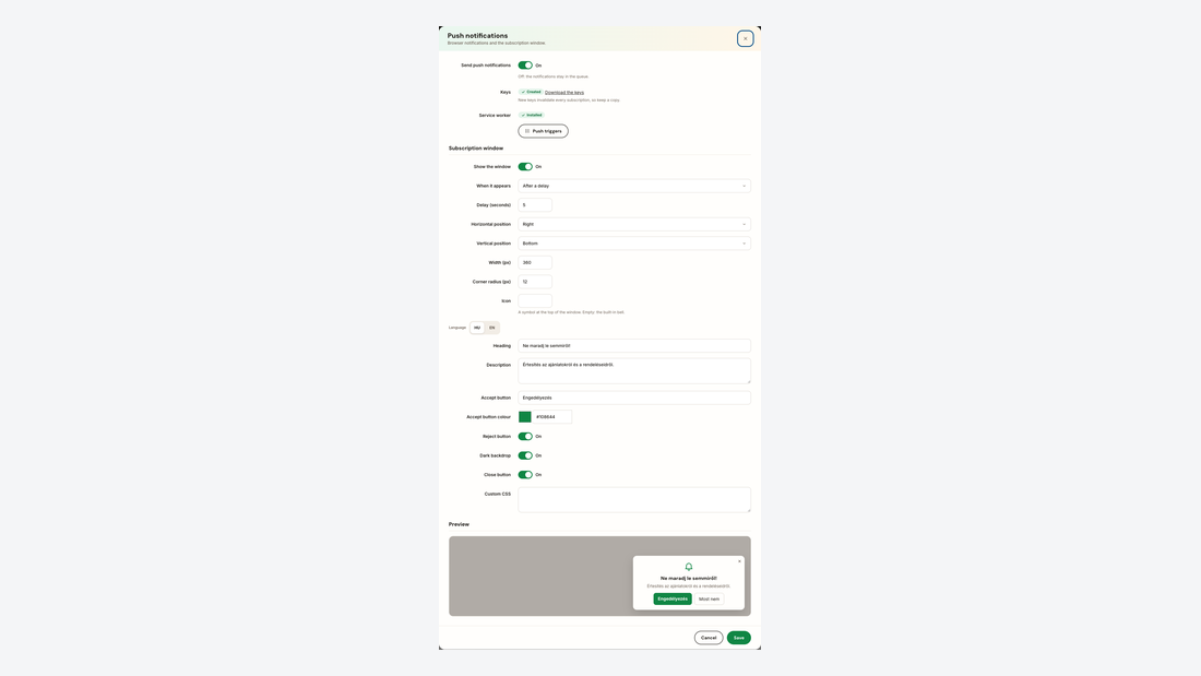 The push notification settings dialog: subscription prompt text and look per language, with preview
