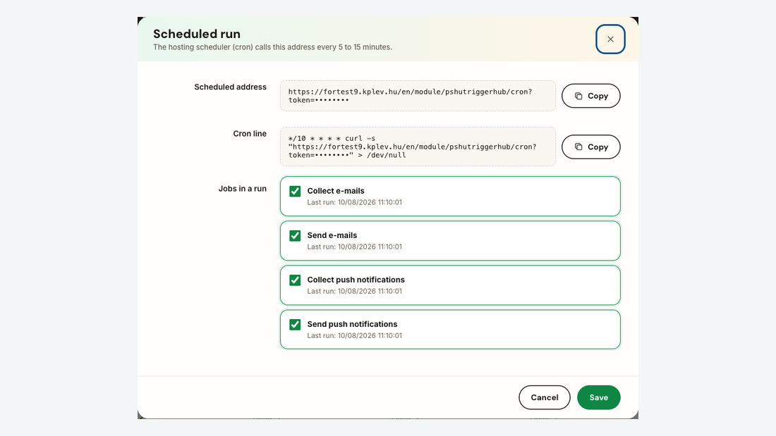 The scheduled run dialog: one address for the hosting scheduler and the jobs done in each run
