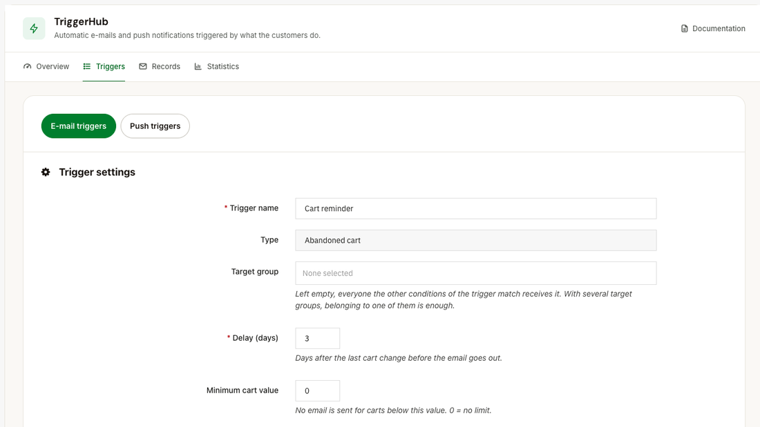 Editing an email trigger: timing, subject and body per language, coupon and test send