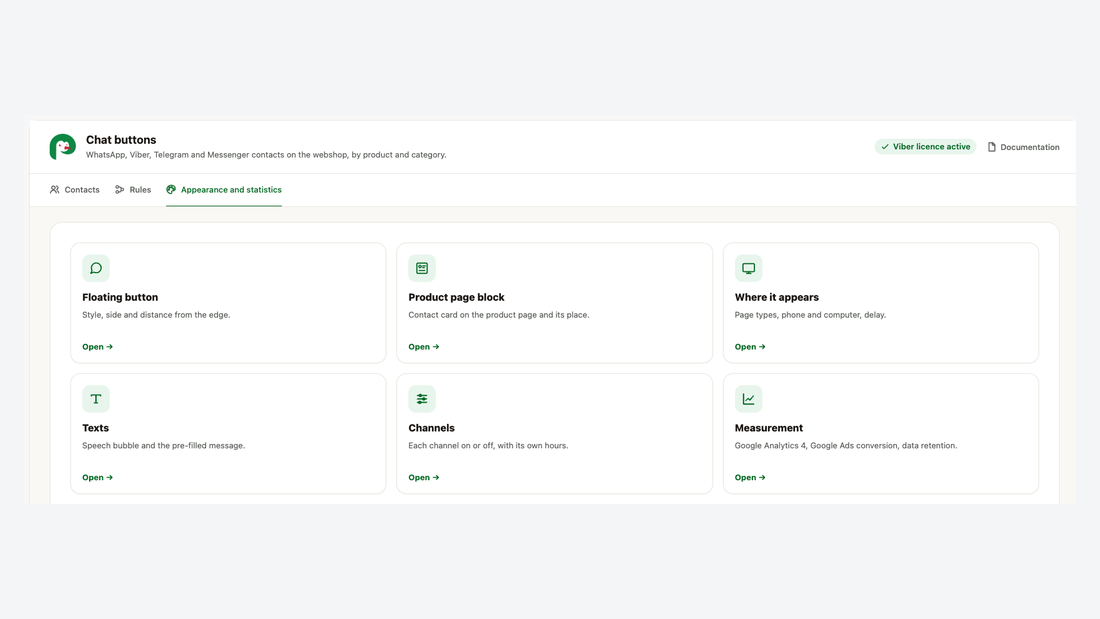 The Appearance screen: floating button, product page block, where it appears, texts, channels and measurement
