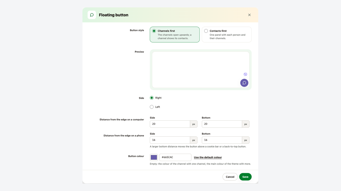 Floating button settings: style, preview, side, distance from the edge and colour