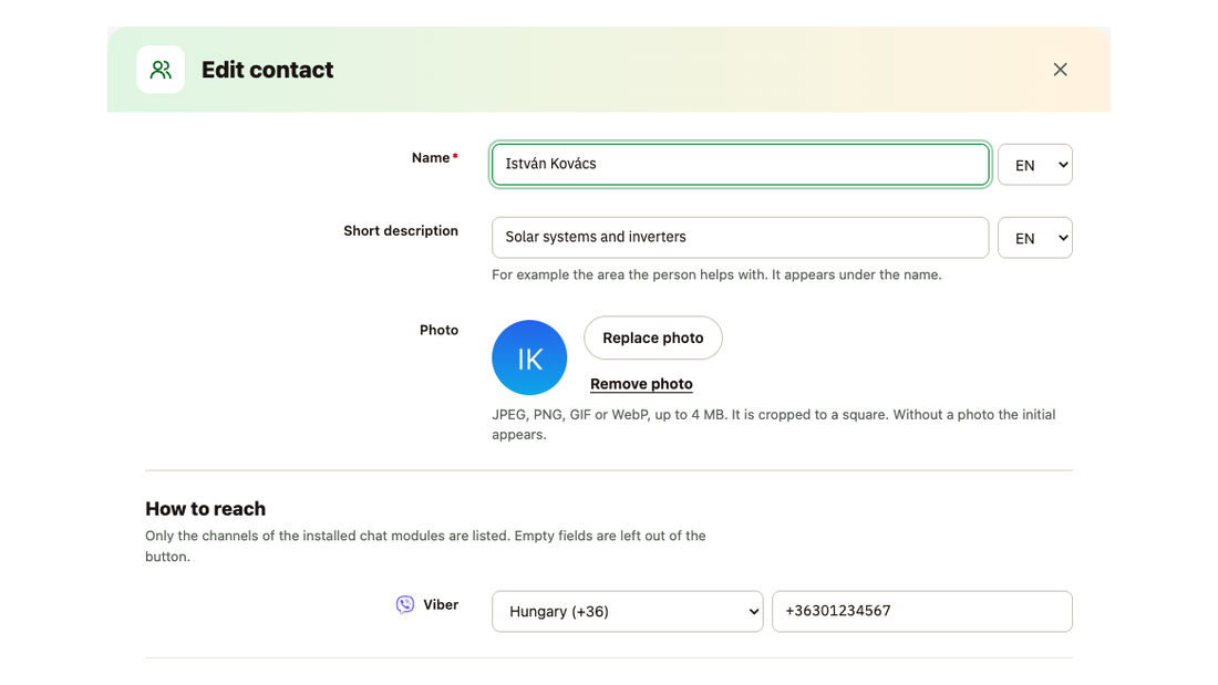 The contact dialog: name and short description per language, photo and Viber number with country code