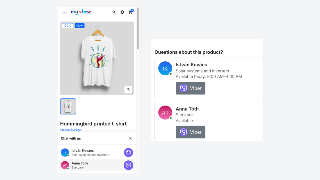 On a phone: the chat panel and the product-page contact cards