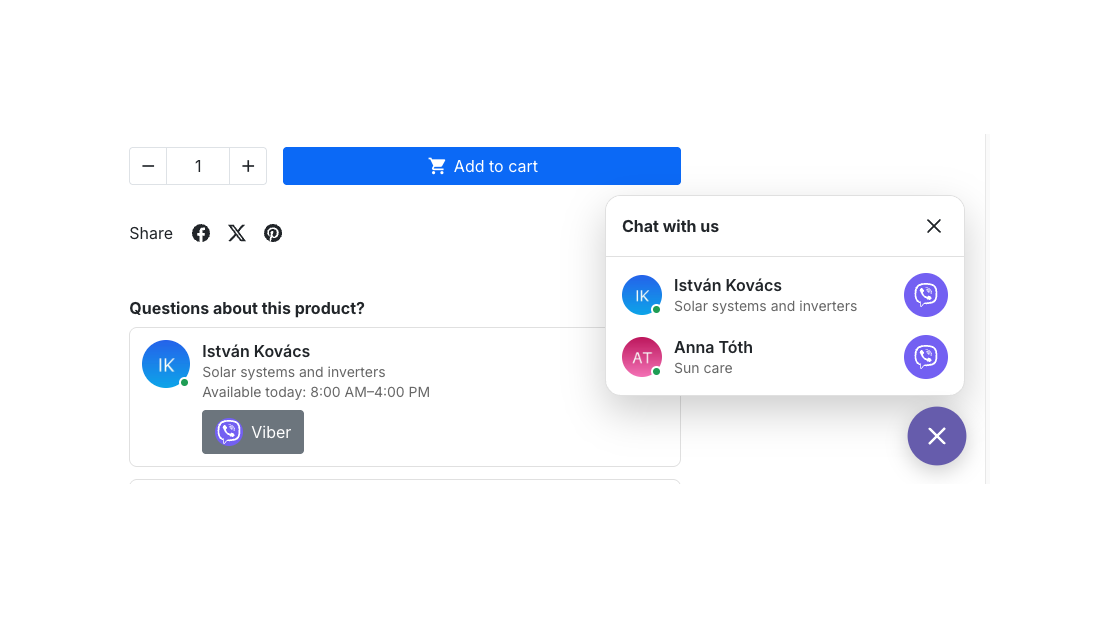 Product page with the open chat panel and the contact card showing today's hours