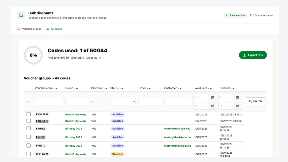 All codes: every code of every group with status, order, customer and expiry