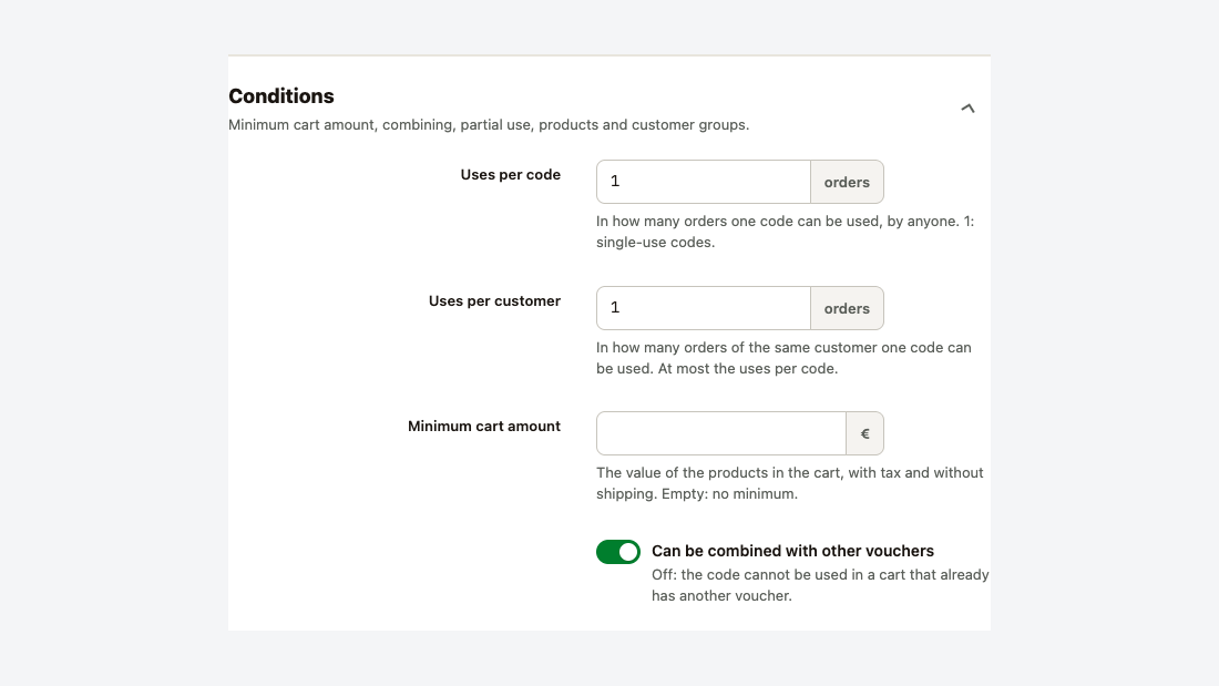 The conditions of a group: uses per code and per customer, minimum cart amount, combining with other vouchers