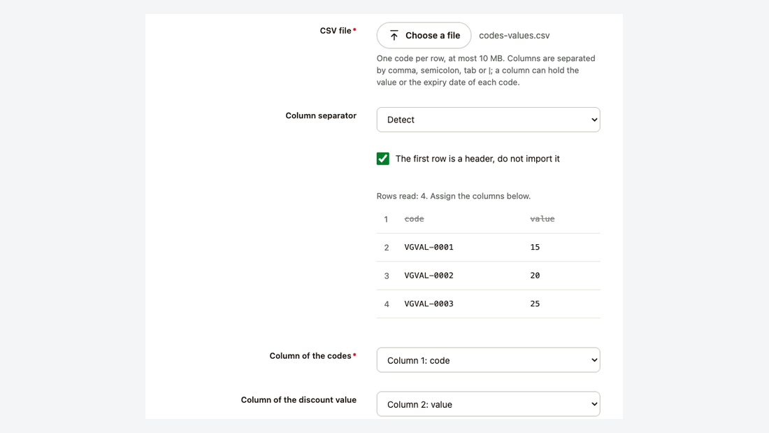Import from CSV: the rows read from the file and the column of the codes and of the discount value