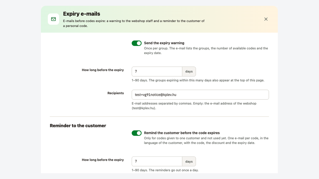 The Expiry e-mails dialog: warning to the webshop staff and reminder to the customer